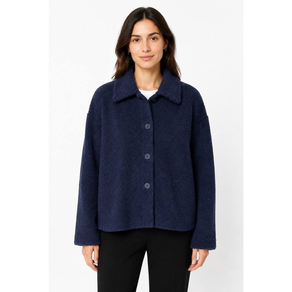 Vintage Eileen Fisher Wool Boucle Jacket Women L Navy Blue USA Old Money